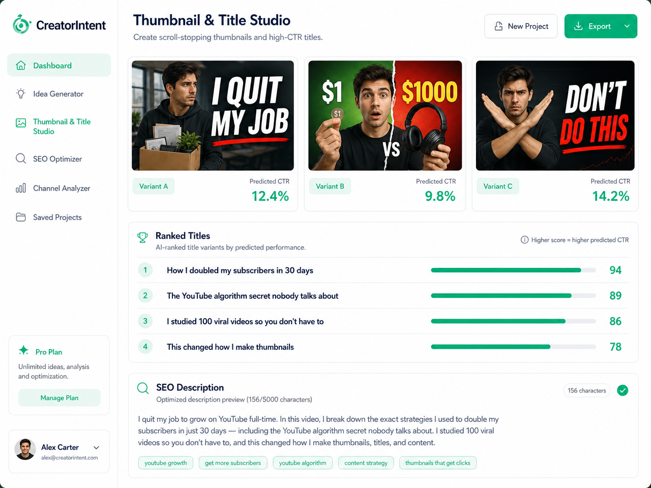 CreatorIntent thumbnail and title studio with three thumbnail variants and ranked titles.